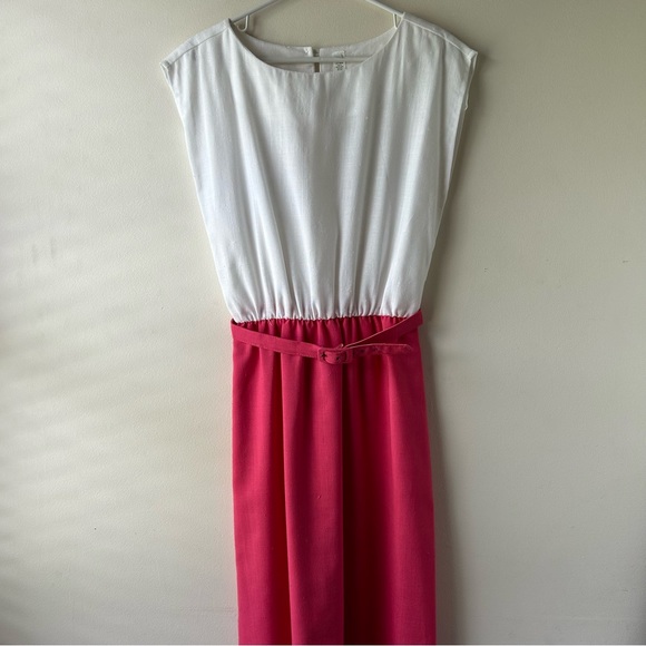 $5 FOR $25 | Vintage Barbiecore Sheath Modest Midi Dress Pink White 14 - Picture 3 of 13